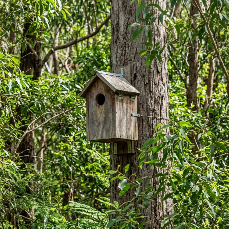 Animal nesting box installed as a humane alternative to a Pheasant Creek roof cavity