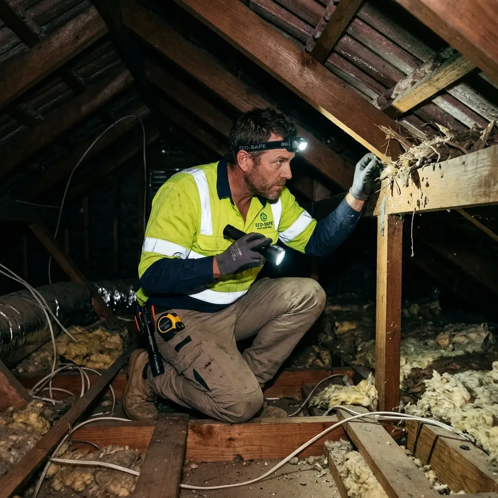 Technician inspecting a Pheasant Creek roof cavity for a dead possum