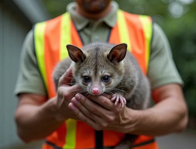 Animal handler safely recovering a deceased possum in Pheasant Creek