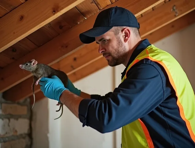 Technician inspecting a roof cavity for a dead rat in Pheasant Creek
